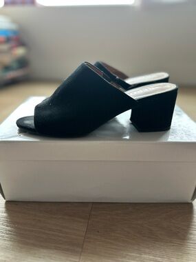 Black Open-Toe Block Heel Mules